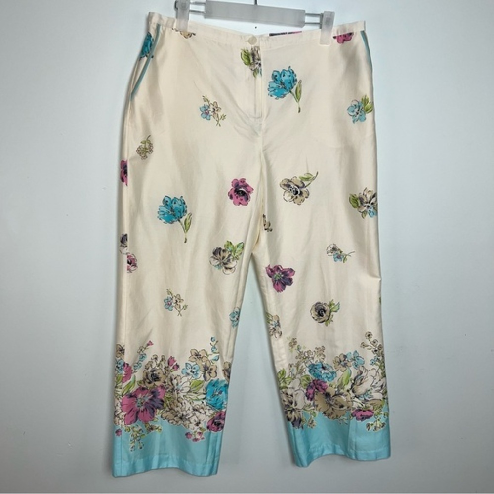 Oscar de la Renta Floral Print Capri Leg Pants - Cream Blue Pink Size 10 Cotton